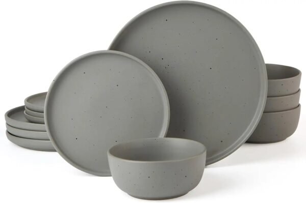 12 Piece Plates and Bowls Set, Speckled Dinnerware Sets for 4, Matte Dish Set, Microwave and Dishwasher Safe, tableware