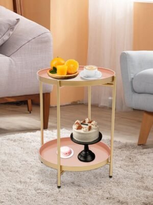 2-Tier End Table Folding Metal Round Side Table with Removable Tray for Living Room (Black/Gold/Golden Pink)