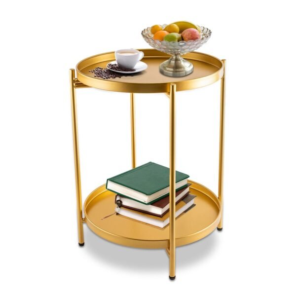 2-Tier End Table Folding Metal Round Side Table with Removable Tray for Living Room (Black/Gold/Golden Pink)