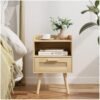 Nightstand,Bedside Table with PE Rattan Decor Drawer,Rattan Night Stand with Solid Wood Legs,Side Table with Drawer Open Shelf,End Table for Bedroom,Living Room,Yellow