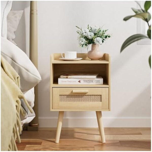 Nightstand,Bedside Table with PE Rattan Decor Drawer,Rattan Night Stand with Solid Wood Legs,Side Table with Drawer Open Shelf,End Table for Bedroom,Living Room,Yellow
