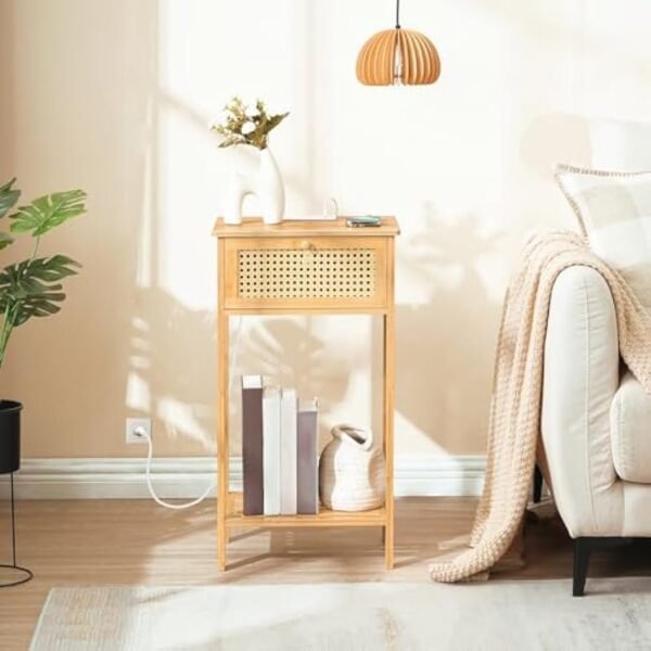 Bamboo Side Table with Charging Station, Rattan Nightstand with Drawer, Tall End Table with USB Ports and Outlet, Narrow Bedside Table, for Living Room, Bedroom, Hallway, Natural YL109UBZ01