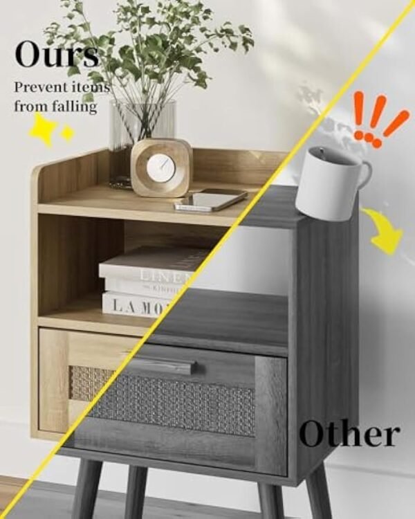 Nightstand,Bedside Table with PE Rattan Decor Drawer,Rattan Night Stand with Solid Wood Legs,Side Table with Drawer Open Shelf,End Table for Bedroom,Living Room,Yellow