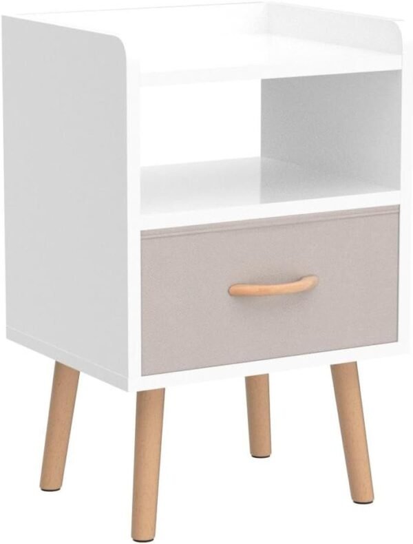 White Nightstand, Modern Bedside Tables with Fabric Drawer, Wooden End Table for Small Space, Narrow Side Table with Open Storage Shelf for Bedroom/Living Room/Dorm.