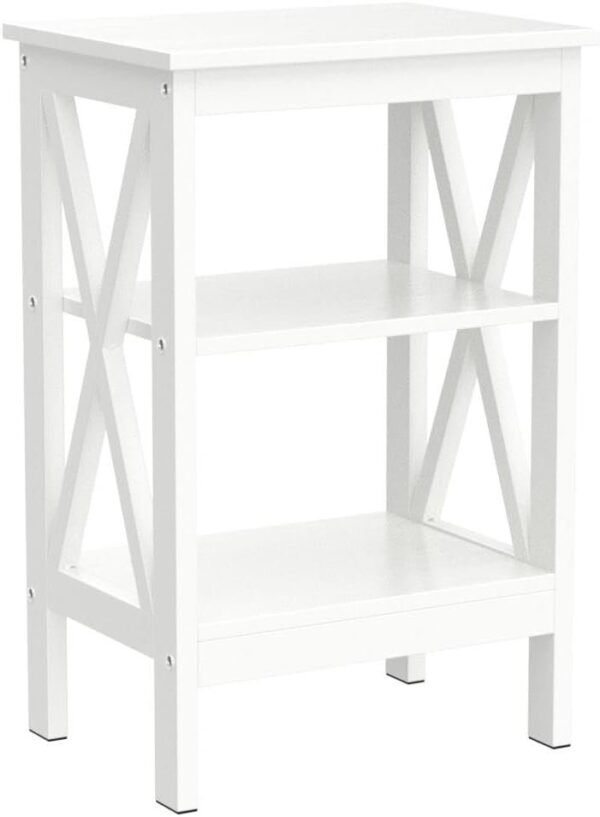 Nightstand Sofa Side Table with 3-Tier Storage Shelf for Living Room, Bedroom, Stable Steel Frame, Easy Assembly, End, White