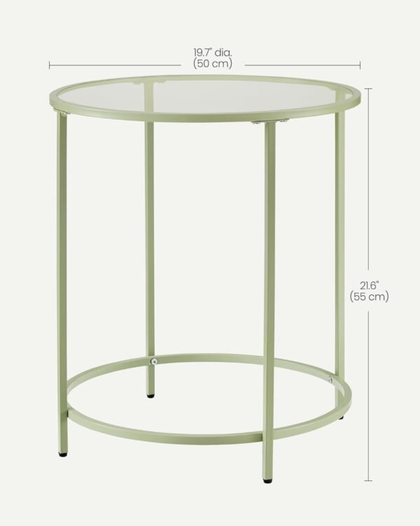 Round Side Table, Glass End Table with Metal Frame, Laurel Green Coffee Table with Modern Style, for Living Room, Balcony, Bedroom, Laurel Green