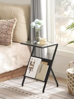 Rattan Side Table, Z Shaped End Table with Magazine Rack, Mid Century Bedside Table with Tempered Glass Top for Sofa Couch, Living Room, Bedroom and Small Spaces, Black BK09SF01