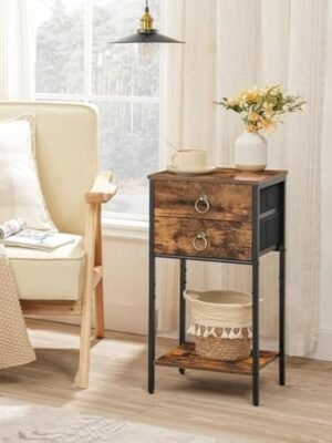 End Table with 2 Fabric Drawers and Storage Shelf, Industrial Nightstand, 23.6 Inch Tall Side Table, Bedside Table for Living Room Bedroom, Rustic Brown and Black BF106BZ01