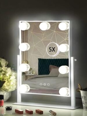 Hollywood Vanity Mirror with 9 Dimmable Bulbs Lights, Three Color Lighting Modes, and 5X Magnification, Smart Touch Control, 360°Rotation (White,Gift Box)