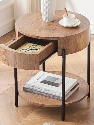 Round End Table Wood Side Table with Drawer Farmhouse Circle End Tables Accent Bedside Table Metal Frame Small Nightstand for Living Room, Bedroom and Small Spaces, Easy Assembly (Natural)