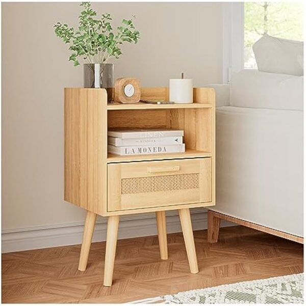 Nightstand,Bedside Table with PE Rattan Decor Drawer,Rattan Night Stand with Solid Wood Legs,Side Table with Drawer Open Shelf,End Table for Bedroom,Living Room,Yellow