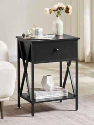 Versatile End Storage Shelf Side Table, Black, Nightstand with Drawer, Retro Blk