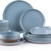 Stoneware Dinnerware Sets for 4, 12 Pieces Handpainted Plates and Bowls Set with Wavy Rim, Chip and Scratch Resistant Dishes set, Dishwasher & Microwave Safe, Royal Blue