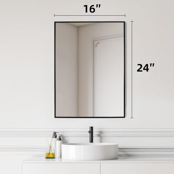Black Bathroom Vanity Mirror for Wall, 16X24 Inch Aluminum Framed Wall Mirror Rectangle, Modern Square Corner Bathroom Vanity Mirror for Bedroom, Living Room, Hangs Horizontally or Vertically