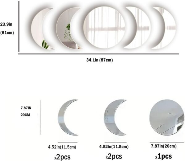 5 Pieces Acrylic Mirror Wall Stickers Natural Wall Decor Self Adhesive Mirrors Stickers Moon Phase Mirror Bohemian Wall Decoration for Home Living Room Bathroom Bedroom Decor (20cm)