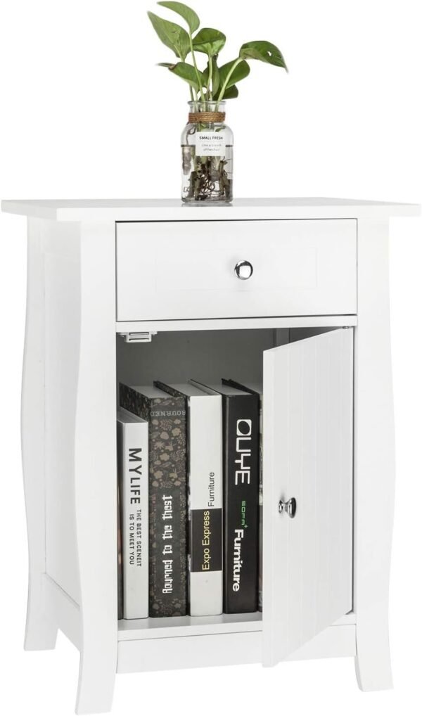 White Nightstand, Small Nightstand with Drawer and Door Cabinet, Wood Nightstand with Storage Organizer, Bedside Table with Drawers, Bedroom Nightstand, End Tables Living Room, Kids' Room, Dorm
