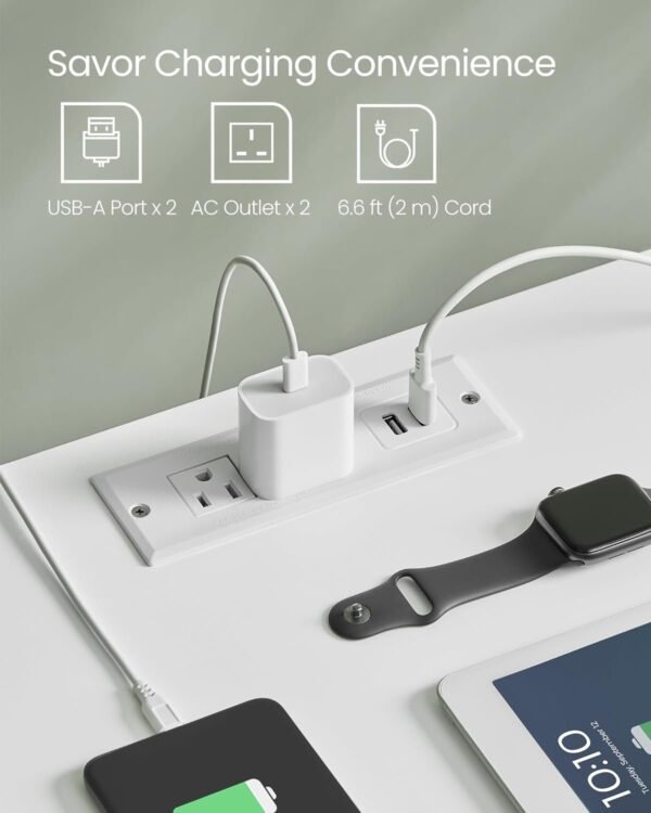 Bamboo Nightstand with Charging Station, Bedside Table with 2 Drawers, Side End Table with Open Shelf, 2 USB-A Ports, 2 AC Outlets, Minimalist, for Bedroom, Cloud White ULET623W01