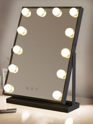 Vanity Mirror with Lights, Black Lighted Makeup Mirror with 12 LED Bulbs for Desk and Wall, Dimmable 3 Lighting Modes, 360-degree Rotating with USB-C and Charger (16”x12”)
