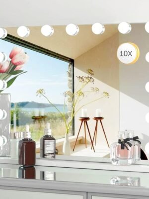 Vanity Mirror Makeup Mirror with Lights,10X Lens,22.8"x 18.1" Hollywood Lighted Vanity Mirror with 15 Dimmable LED Bulbs,3 Color Modes,Touch Control for Bedroom,Tabletop or Wall-Mounted