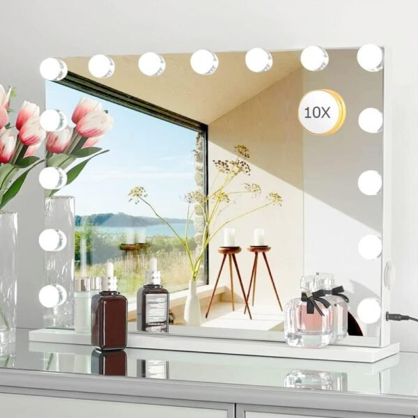 61LkD5yaBXL._AC_SL1000.jpg Vanity Mirror Makeup Mirror with Lights,10X Lens,22.8"x 18.1" Hollywood Lighted Vanity Mirror with 15 Dimmable LED Bulbs,3 Color Modes,Touch Control for Bedroom,Tabletop or Wall-Mounted