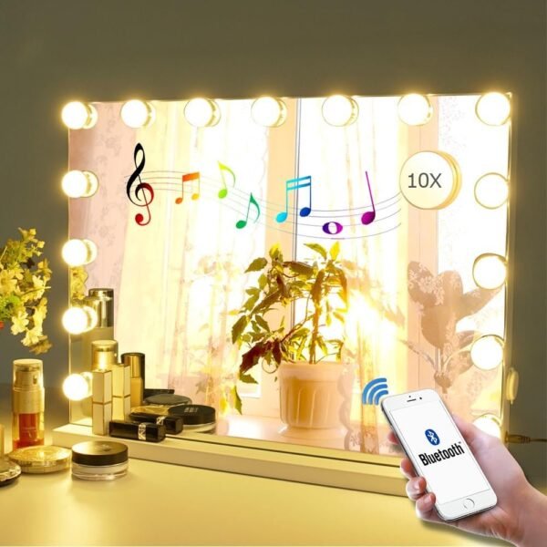61MZ1zZpiBL._AC_SL1000.jpg Vanity Mirror Makeup Mirror with Lights,10X Lens,22.8"x 18.1" Hollywood Lighted Vanity Mirror with 15 Dimmable LED Bulbs,3 Color Modes,Touch Control for Bedroom,Tabletop or Wall-Mounted