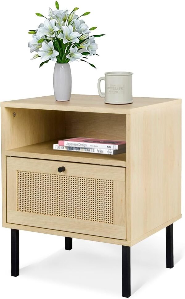 Rattan Nightstand, End Side Table with 2 Rattan Drawers, Wood Square Bedside Table with Storage, Accent Sofa Table for Home Office Living Room Bedroom, White