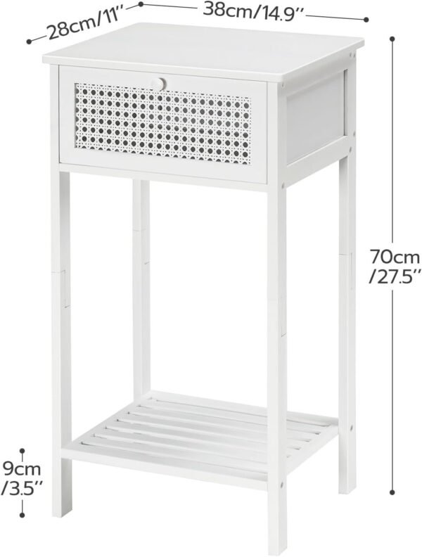 End Table, Bamboo Side Table with Drawer, Rattan Nightstand for Small Space, Tall Bedside Table, Phone Table Easy to Assemble, for Bedroom, Living Room, Study Room, White WT109BZ01