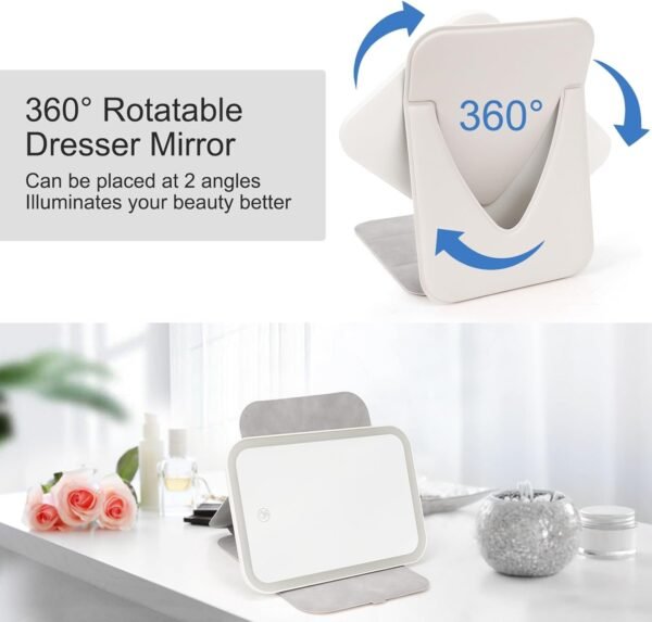 Rechargeable Travel Makeup Mirror with 80 LED Lights, Portable Lighted Makeup Mirror, 3 Color Dimmable Lighting Vanity Mirror, 360° Rotation Touch Screen Compact Tabletop Folding Cosmetic Mirror Mini