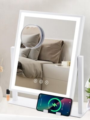 Vanity Mirror with Lights, Hollywood Makeup Mirror with Lights Phone Holder, Smart Touch Control, 3 Color Lighting Modes with Detachable 10x Magnification Mirror, 360°Rotation, White