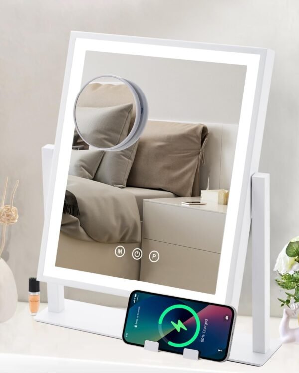 Vanity Mirror with Lights, Hollywood Makeup Mirror with Lights Phone Holder, Smart Touch Control, 3 Color Lighting Modes with Detachable 10x Magnification Mirror, 360°Rotation, White