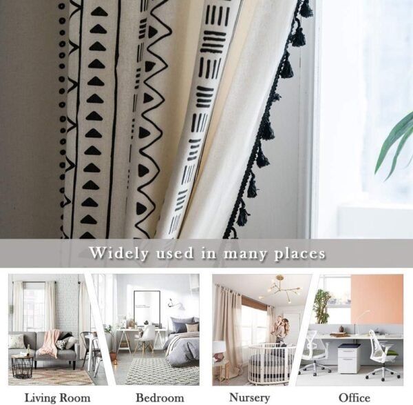 Geometric Semi-Blackout Window Curtains 2 Panels Boho Linen Room Darkening Curtains Tassels Rod Pocket Window Drapes for Bedroom Living Room(52" W x 63" L Pair, Cream)