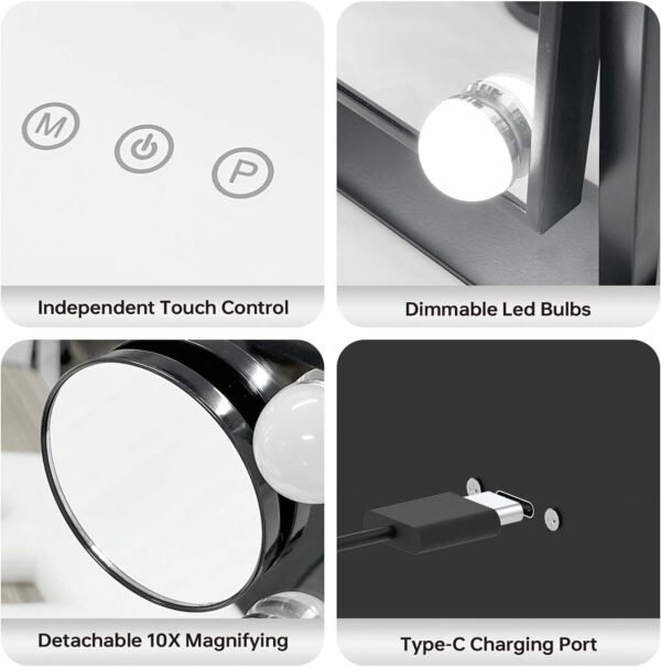Hollywood Vanity Mirror with Lights 8 Dimmable Bulbs, 3 Color Light, Touch Control, LED Lighted Makeup Mirrors for Dorm, Detachable 10X Magnification Mirror Black