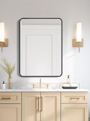 Black Bathroom Mirror 22 x 30 Inch, Matte Black Rectangle Mirror for Wall, Rounded Metal Frame Vanity Mirror