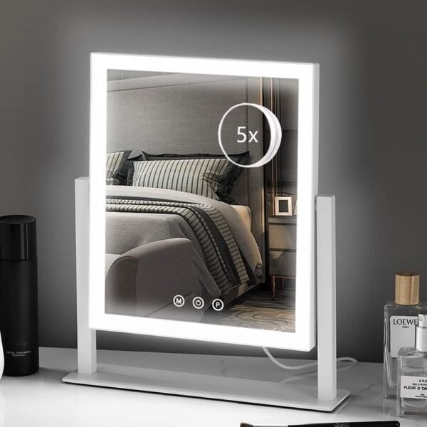 Lighted Makeup Mirror, Hollywood Vanity Mirror with Lights, Three Color Lighting Modes, and 5X Magnification Mirror, Smart Touch Control, 360°Rotation (15.2in. White)