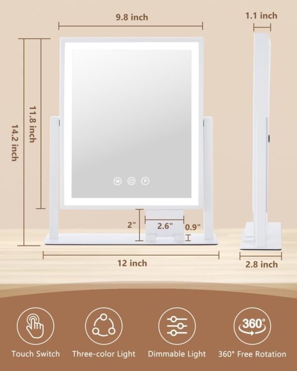 Vanity Mirror with Lights, Hollywood Makeup Mirror with Lights Phone Holder, Smart Touch Control, 3 Color Lighting Modes with Detachable 10x Magnification Mirror, 360°Rotation, White