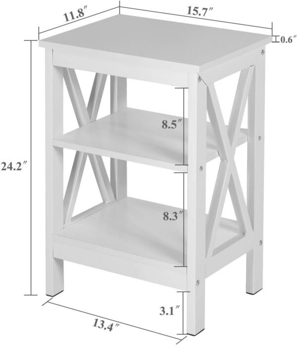 Nightstand Sofa Side Table with 3-Tier Storage Shelf for Living Room, Bedroom, Stable Steel Frame, Easy Assembly, End, White