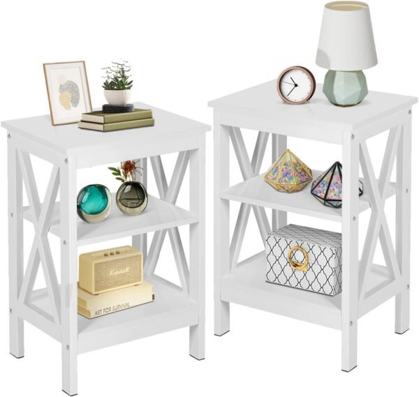 Nightstand Sofa Side Table with 3-Tier Storage Shelf for Living Room, Bedroom, Stable Steel Frame, Easy Assembly, End, White