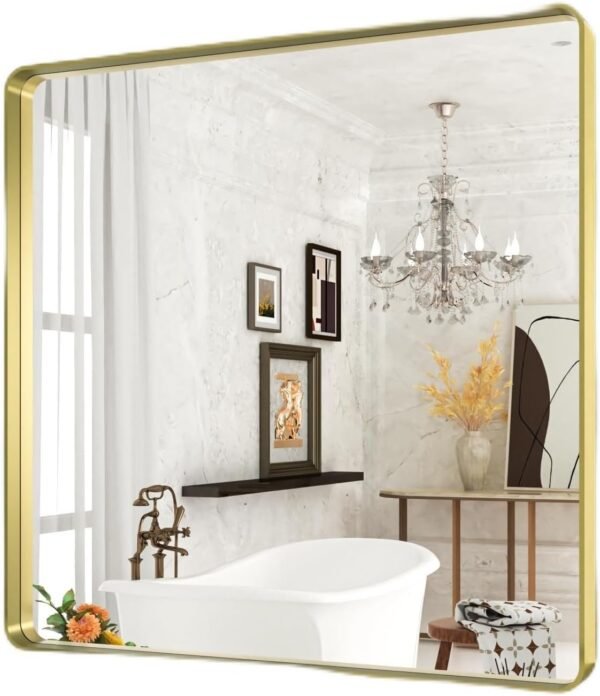 22x30 Inch Bronze Bathroom Mirror for Vanity, Brushed Bronze Metal Frame Mirror for Wall, Rounded Rectangle Bronze Frame Mirror with Tempered Glass, Anti-Rust (Horizontal/Vertical)