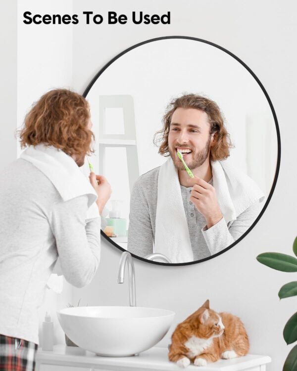 2024 New HD Eco-Friendly Round Mirror, Metal Framed Bathroom Mirror, Modern Cute Circle Mirror, Wall Mirror for Bathroom, Vanity, Living Room, Easy to Install, Matte Black (24 Inch)