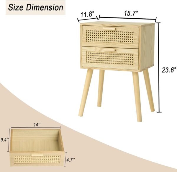 Rattan Nightstand with Storage, Wood Bedside Table with 2 Rattan Drawers, Boho Night Stand Modern End Side Table for Bedroom and Small Space, Natural Walnut