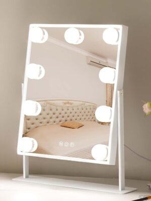 Vanity Mirror with Lights Hollywood Lighted Makeup Mirror with 9 Dimmable Bulbs & 3 Color Lighting Modes, Detachable 10X Magnification Mirror and 360 Degree Rotation(White)