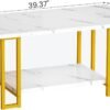 Marble Coffee Table, Faux Marble Top Rectangular Coffee Table with Gold Metal Frame, 2 Tier Living Room Table for Living Room, Office, Balcony, 40 Inch, White and Gold