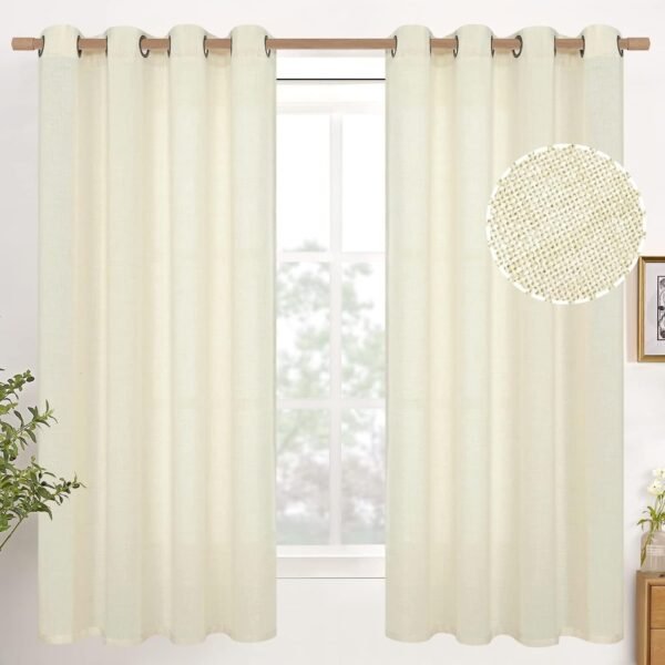 Natural Linen Curtains 63 Inch Length 2 Panels Bronze Grommet Linen Textured Short Window Drapes Light Filtering for Living Room Bedroom, 52 X 63 Inch