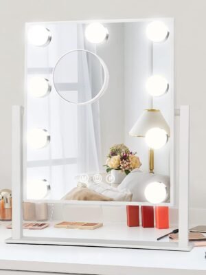 Lighted Vanity Makeup Mirror with Lights Hollywood Cosmetic Mirror with 9 Dimmable LED Bulbs for Dressing Room Tabletop, 3 Color Lighting, Detachable 10X Magnification Mirror, White