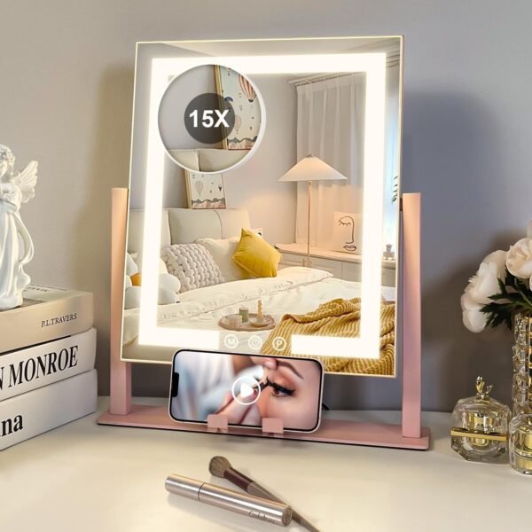 Vanity Mirror with Lights, 15X Magnification 360 Rotation Makeup Mirror with Lights, Hollywood Mirror with Detachable 3 Color Modes, Smart Touch Control and Phone Holder,Pink