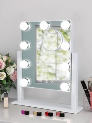 Makeup Vanity Mirror with Lights, 10X Magnification Hollywood Lighted Mirror with 9 Dimmer Led Bulbs, Plug in Light-up Beauty Mirror, Touch Screen Lighted Table Set Mirror, 360°Rotation(White)