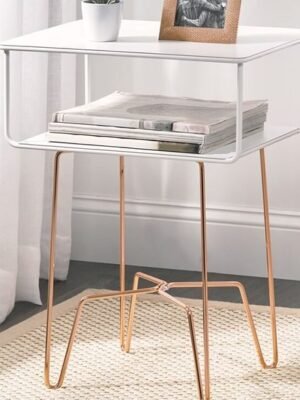 Modern Industrial Side Table with Storage Shelf, 2-Tier Metal Minimal End Table, Metallic Caged Grid - Accent Furniture for Living Room, Bedroom, Office, Dorm, Concerto Collection, Satin