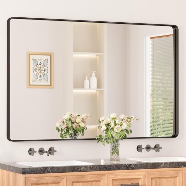 7109thVr7QL._AC_SL1500.jpg Black Metal Framed Bathroom Mirrors for Wall, 20 x 30 Inch Rounded Rectangle Bathroom Vanity Mirror, Matte Black Farmhouse Mirror with Seamless Frame, HD Tempered Glass(Horizontal/Vertical)