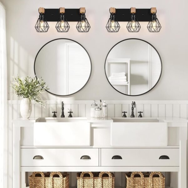 3-Light Farmhouse Bathroom Vanity Light Fixtures, Wood Bathroom Lighting Over Mirror, Black Vanity Lights with Metal Lampshade, Vintage Wall Light Fixtures for Bedroom, Living Room, Hallway