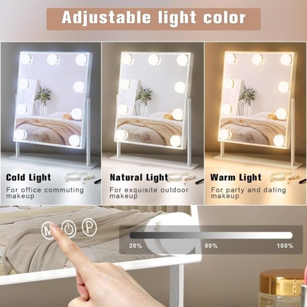 Vanity Mirror with Lights Hollywood Lighted Makeup Mirror with 9 Dimmable Bulbs & 3 Color Lighting Modes, Detachable 10X Magnification Mirror and 360 Degree Rotation(White)